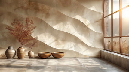 A sunlit minimalist modern interior featuring elegant vases, textured walls, and large windows with a natural view