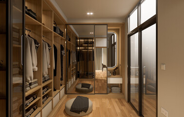 3D Rendering, 3D illustration, Interior Scene and Mockup, dressing room and walk in closet render in modern style.