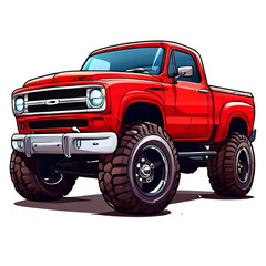 red pick up truck in cartoon style 