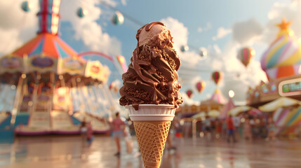 Triple-scoop chocolate fudge ice cream cone at carnival