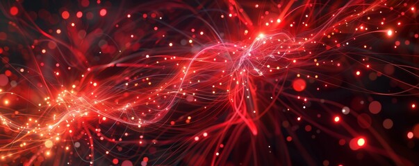 Abstract glowing red light trails and particles on dark background