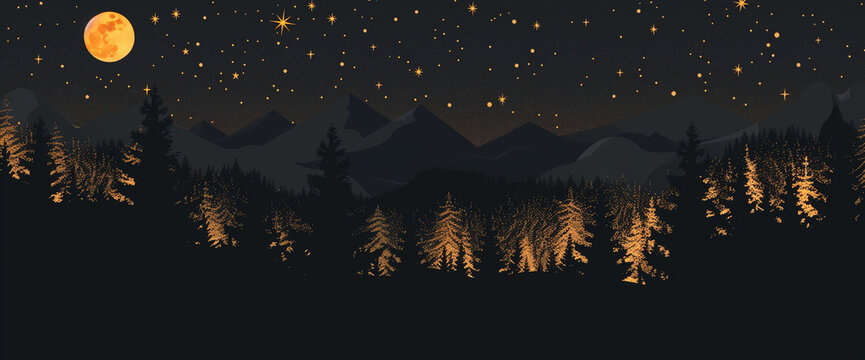 A black background featuring silhouettes of trees, mountains, and stars in the sky.