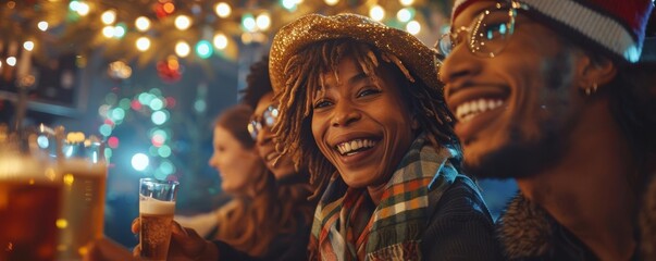 Group of friends celebrating a Paris 2024 event at a bar, festive atmosphere, copy space