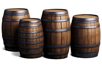 A set of classic wooden barrels isolated on a transparent, white background, ideal for png, representation