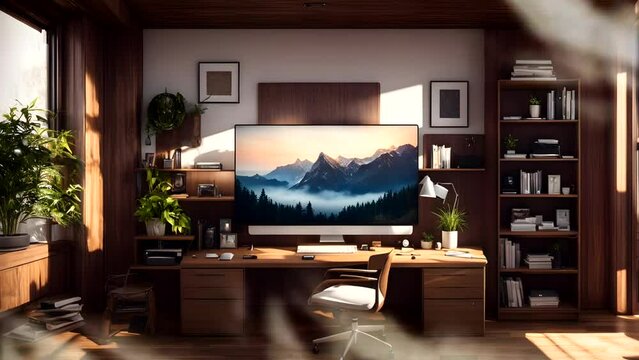 Office room with computer and bookshelf. Seamless looping time-lapse 4k video animation background