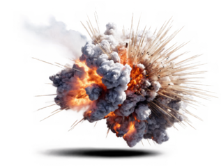 A dramatic explosion effect with fiery and smoky details on a transparent, white background, png, ideal for various design uses