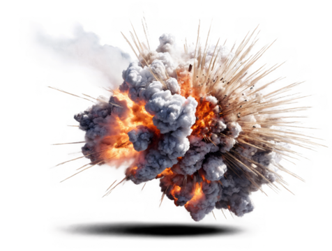 A dramatic explosion effect with fiery and smoky details on a transparent, white background, png, ideal for various design uses