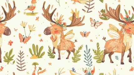  a pattern of cute cartoon moose, square-box bearing fairies, whimsical hand-drawn designs, fantasy anime drawings