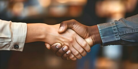 Closeup photo of diverse handshake symbolizing unity and inclusion in diversity. Concept Unity, Inclusion, Diversity, Handshake, Closeup Photo