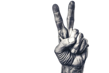 Black and white hand giving a peace sign, symbolizing hope and unity, isolated on a white background