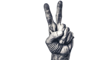 Black and white hand giving a peace sign, symbolizing hope and unity, isolated on a white background