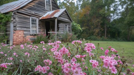 Pink flowers in front of an aged wooden cabin with a brick lower level The garden in front of a rundown historic structure
