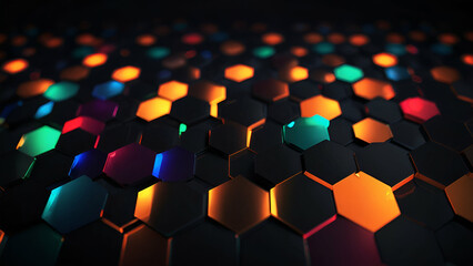 Obraz premium Abstract virtual wireless technology hologram with hexagon on abstract metal background, artificial intelligence and machine learning concept. Multi exposure 