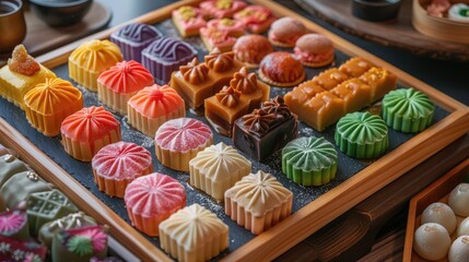 A selection of colorful Japanese sweets including daifuku, dorayaki, and taiyaki on a wooden tray