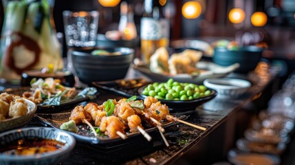 Obraz premium A selection of izakaya-style appetizers including edamame, karaage, and gyoza on a dimly lit bar table