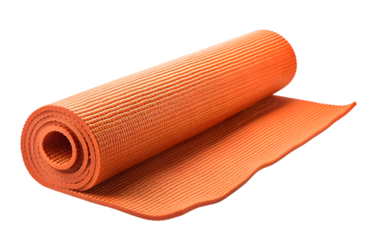 Bright orange yoga mat rolled up on a white background, designed for comfortable home or gym workouts, providing excellent grip and support.