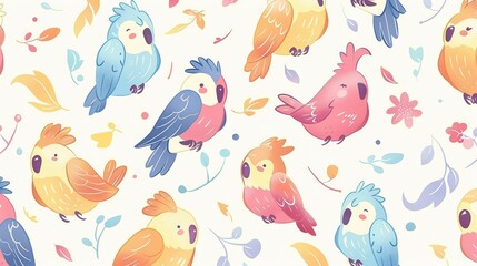 Obraz premium a pattern of cute cartoon parrots, box-carrying enchantments, hand-drawn fantasy beings, lively anime illustrations