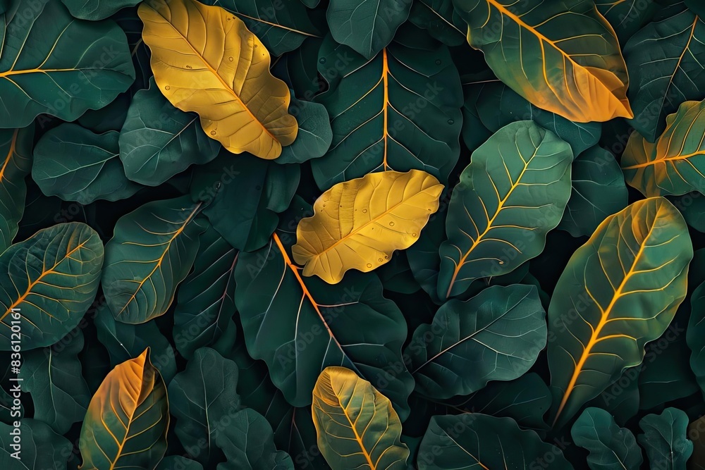 Poster vibrant tropical leaves with a mix of green and yellow hues, creating an exotic and lively nature ba