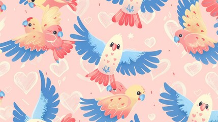 Fototapeta premium a pattern of cute cartoon parrots, box-carrying heart wings, handcrafted anime fantasy, youthful anime designs