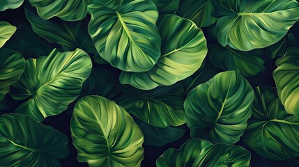 Lush green tropical leaves creating a vibrant, natural background perfect for nature-inspired designs and projects.