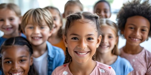 Obraz premium Diverse group of smiling children representing multicultural unity and inclusion. Concept Multicultural Unity, Inclusion, Children, Smiling, Diversity