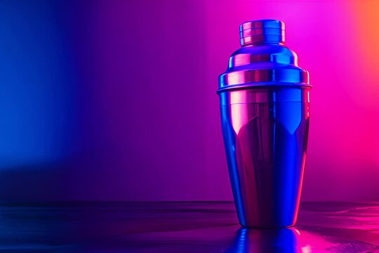 Cocktail Shaker on Neon Background, Singl Bar Drink Mixer, Metal Cocktail Shaker, Copy Space, Generative AI Illustration