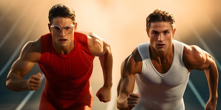 Athletes in a 100m dash race showcasing symmetry between matter and antimatter. Concept Sports, Science Fiction, Speed, Symmetry, Competition