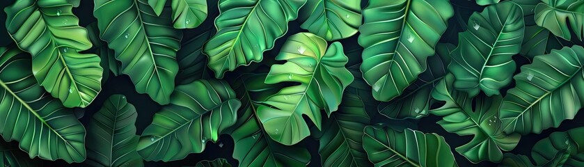 A lush arrangement of vibrant green tropical leaves creating a natural, exotic background. Perfect for nature, botanical, or tropical themes.