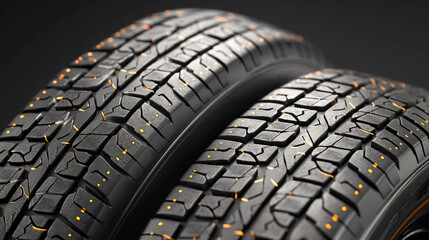 Two brand new car tires sit in a garage, waiting to be mounted and hit the road