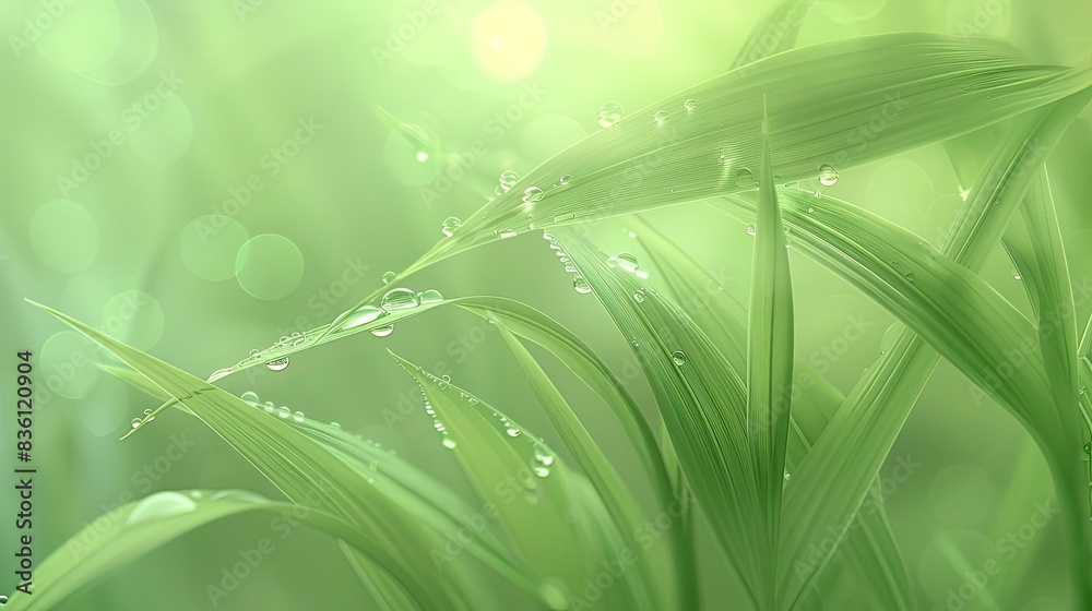 Poster close-up of dewdrops on fresh green grass blades, beautifully illuminated by soft light, creating a 