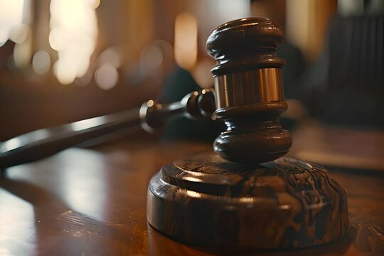 Judge's Hammer Close-Up, Verdict Concept, Justice Symbol, Traditional Judge Hammer on Court Table, Blurred Background, Generative AI Illustration