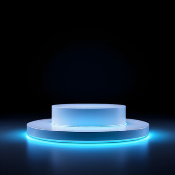 product showcase background, stage with spotlight, New Product Display on Neon-Lit White Pedestal Against Black Background,GenerativeAI
