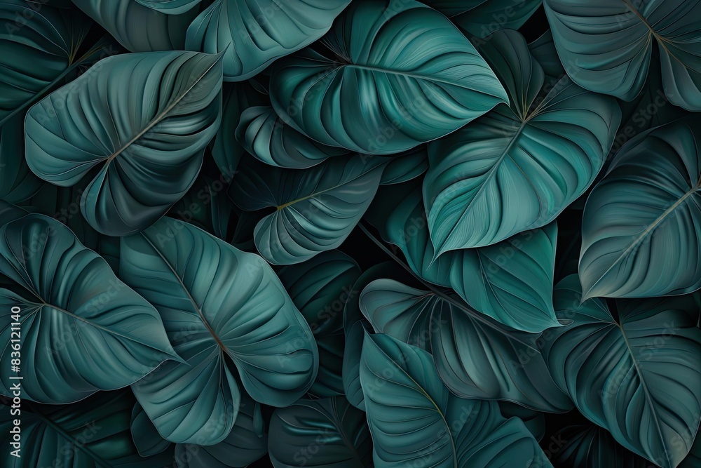 Poster lush green tropical leaves creating a dense and vibrant natural pattern. a perfect image for backgro
