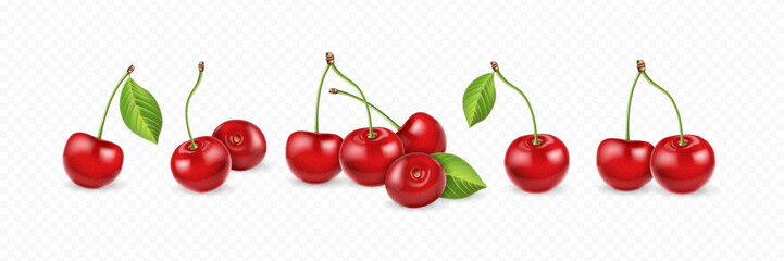 Realistic cherry set with green leaves on transparent background. Various cherry compositions for design mockup. 3D realistic vector illustration.