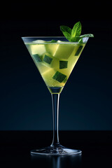 A close-up of a martini glass filled with a refreshing cucumber martini. The drink is garnished with a sprig of fresh mint, adding a touch of elegance and flavor