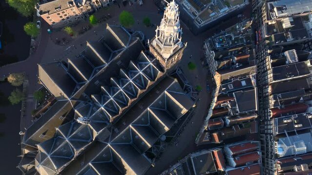 Oude Kerk Aerial morning View. Top shot of the texture of roof of Old church in Amsterdam, the Netherlands.