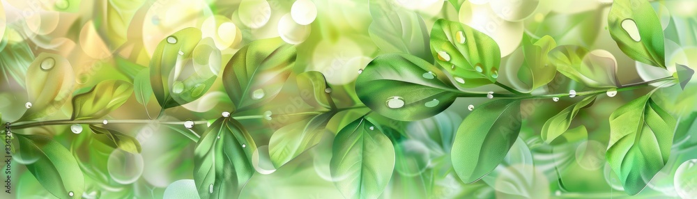Aufkleber vibrant green leaves with water droplets, illuminated by soft sunlight, create a refreshing and sere