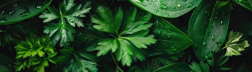Fototapeta premium Close-up of lush, green leaves with water droplets, displaying intricate details and natural beauty, perfect for nature-themed designs.