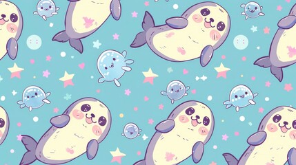 a pattern of cute cartoon seals, boxed-back fairies, enchanted character aesthetics, cheerful anime characters