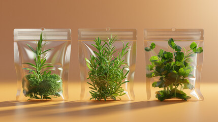 Three clear plastic bags containing sprigs of rosemary, parsley, and a leafy green plant are arranged in a row on a pale orange background