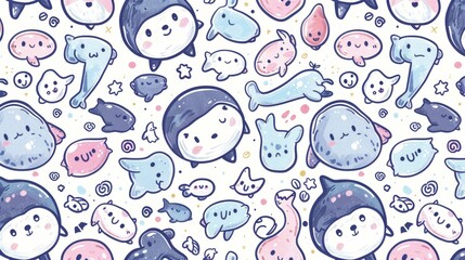  a pattern of cute cartoon seals, mystical square carriers, fantastical hand-drawn beings, fun anime artwork