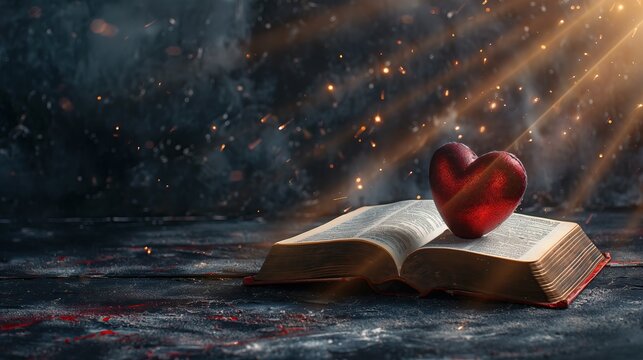 Jesus's sacred heart on top of an open Holy Bible with sun rays of light from above, on black background for overlay