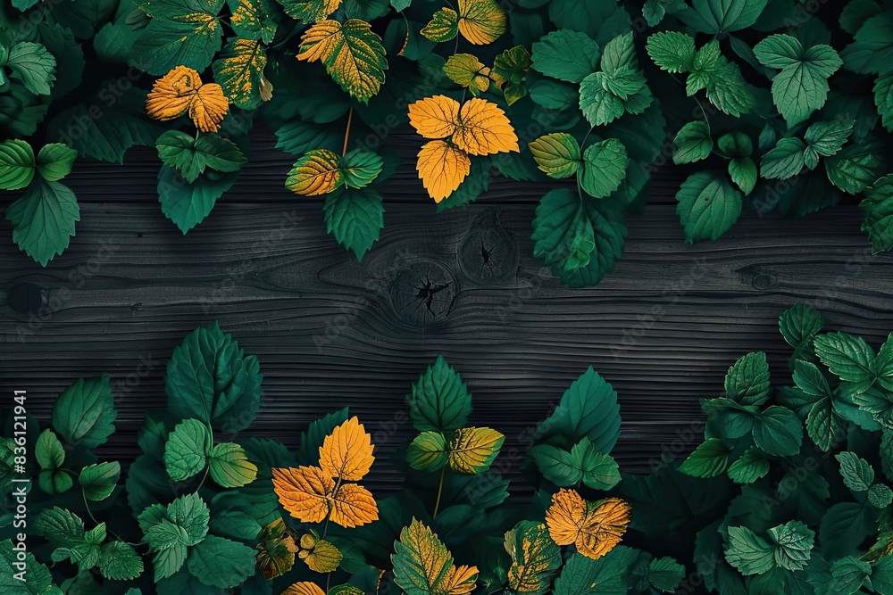 Poster lush green and yellow leaves form a beautiful, natural pattern on a dark wooden background, creating
