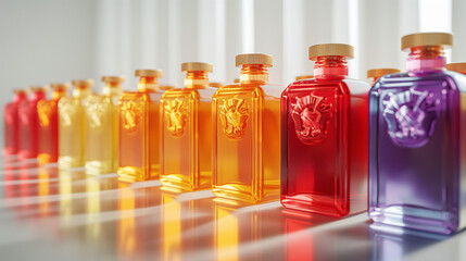 A row of colorful glass bottles with gold lids and ornate designs stand on a white surface under studio lights. The bottles are filled with liquid and reflect the light