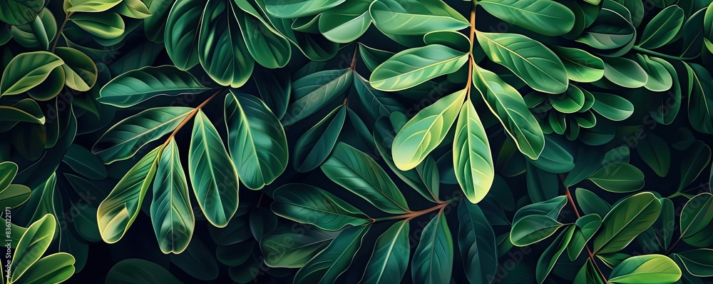 Poster a close-up view of lush, vibrant green leaves with intricate textures and patterns, showcasing natur