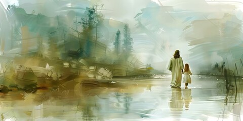 Digital painting of Jesus walking with a little girl by a river. Concept Religious Art, Digital Painting, Jesus Christ, Inspirational Scene, Graceful Composition