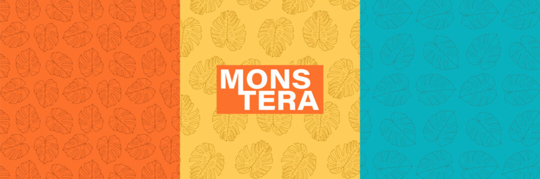 Three bright vector seamless patterns in tropical summer style with monstera leaves.