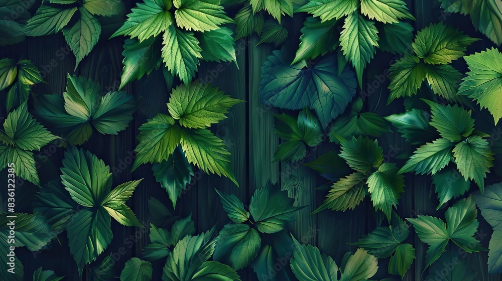 Poster a beautiful lush green foliage covering an entire wall, creating a vibrant and natural background pe