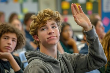 A close-up photograph of a student raising their hand to answer a question in class, their expression confident and eager. The background shows other students at their desks, listening attentively to