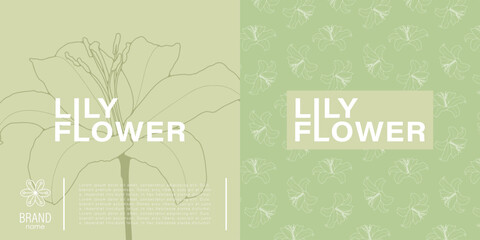 Two elegant labels showcasing lily flower illustrations in an engraving style, set against pastel-colored backgrounds with prominent, stylish typography. Floral vector seamless pattern.